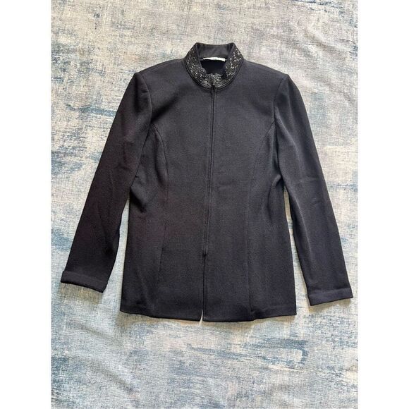 Vintage St John Black Santana Knit Zip Front High Braid Collar Blazer Women's 12